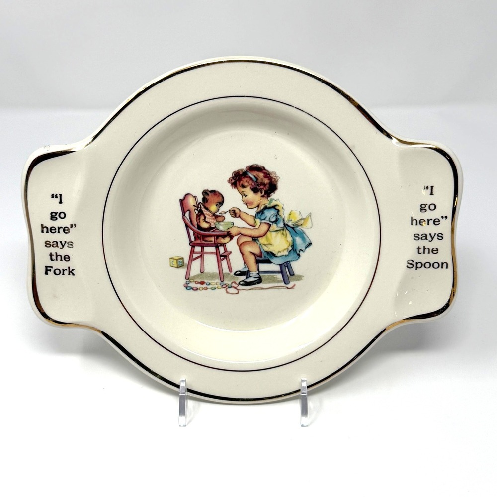 Holmes & Edwards Baby Feeding Plate Girl Teddy Bear Gold Trim